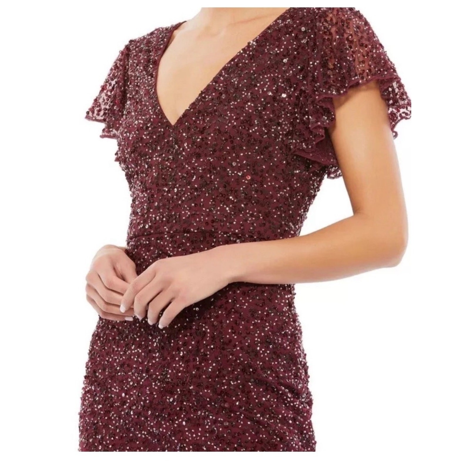 Mac Duggal 10801 Garnet Sequin Flutter Sleeve Midi Dress, NEW, Size 2 MSRP $398