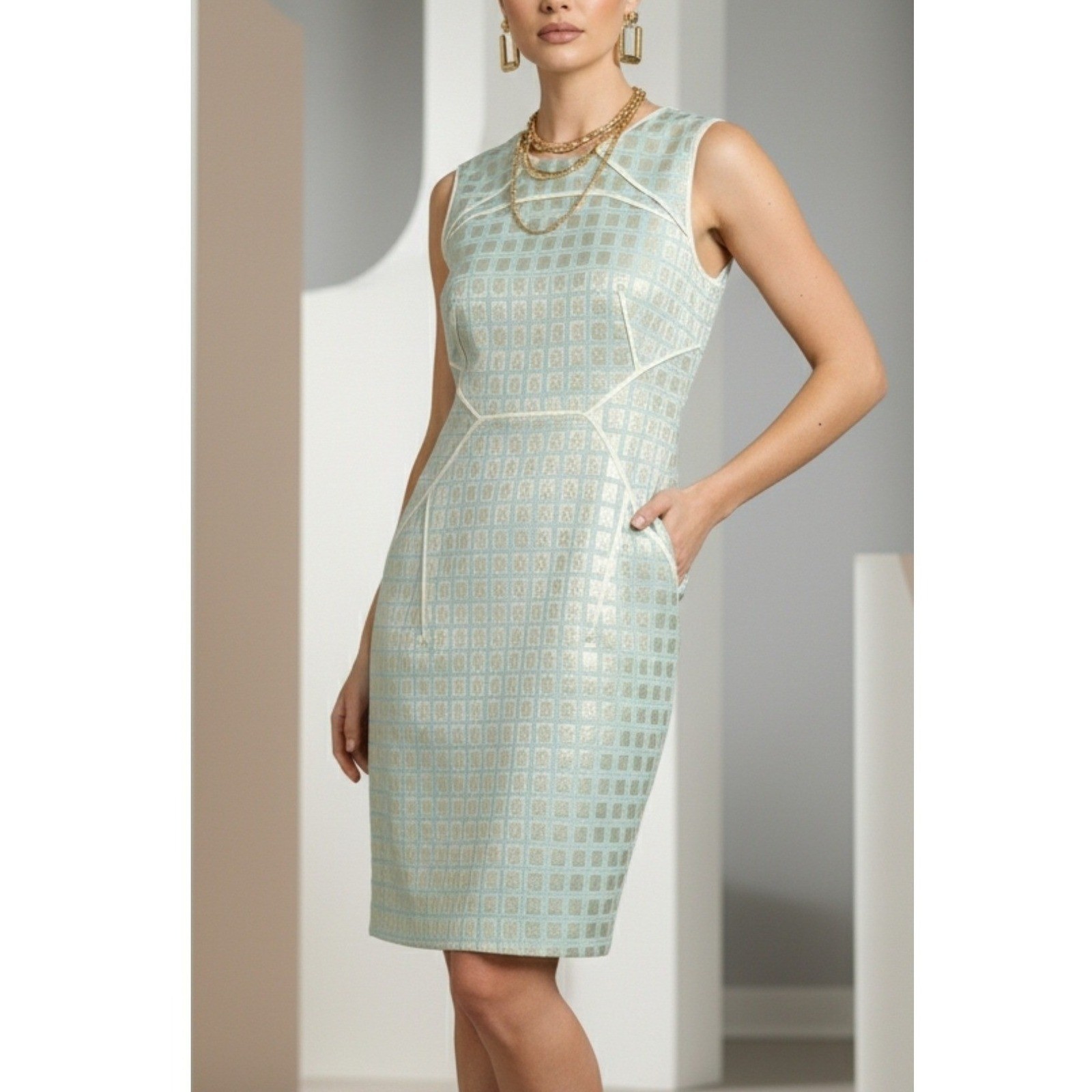 Per Se by Carlisle Metallic Aqua Sheath Dress Women’s 6 Jacquard Silk Mod 50s