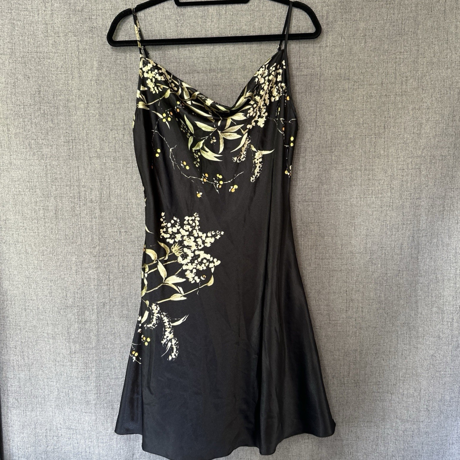 Women’s Black Floral Satin Slip Dress Size M Cowl Neck Oriental Party Cocktail