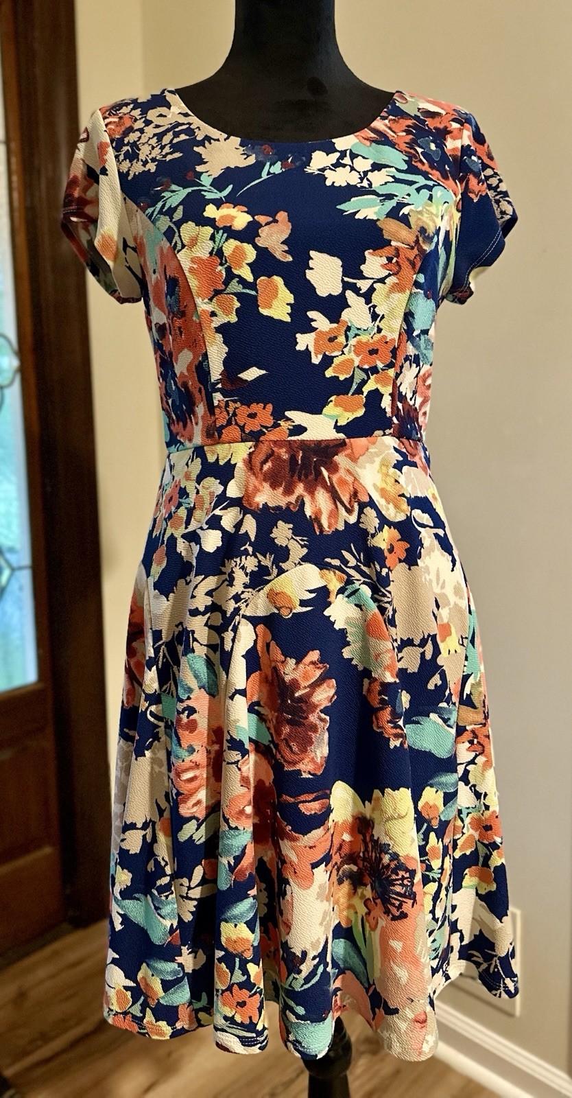 Luxology Blue Floral Fluttery Fit & Flare Lined Midi Dress Spring Summer Sz M