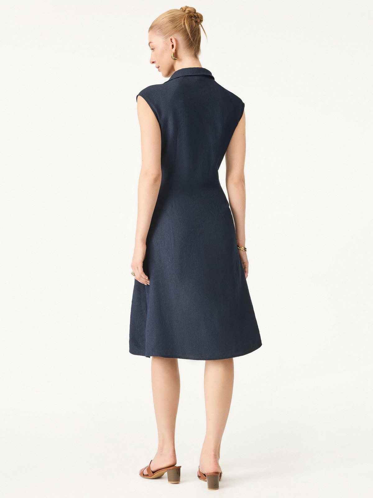 OGL Viscose Linen Collared V Neck Midi Dress Drawstring Waist Summer