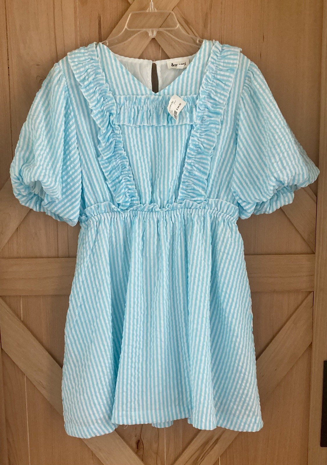 NWT Merci Aqua White Large Smock Ruffle Puff Sleeve Seersucker Dress Coastal