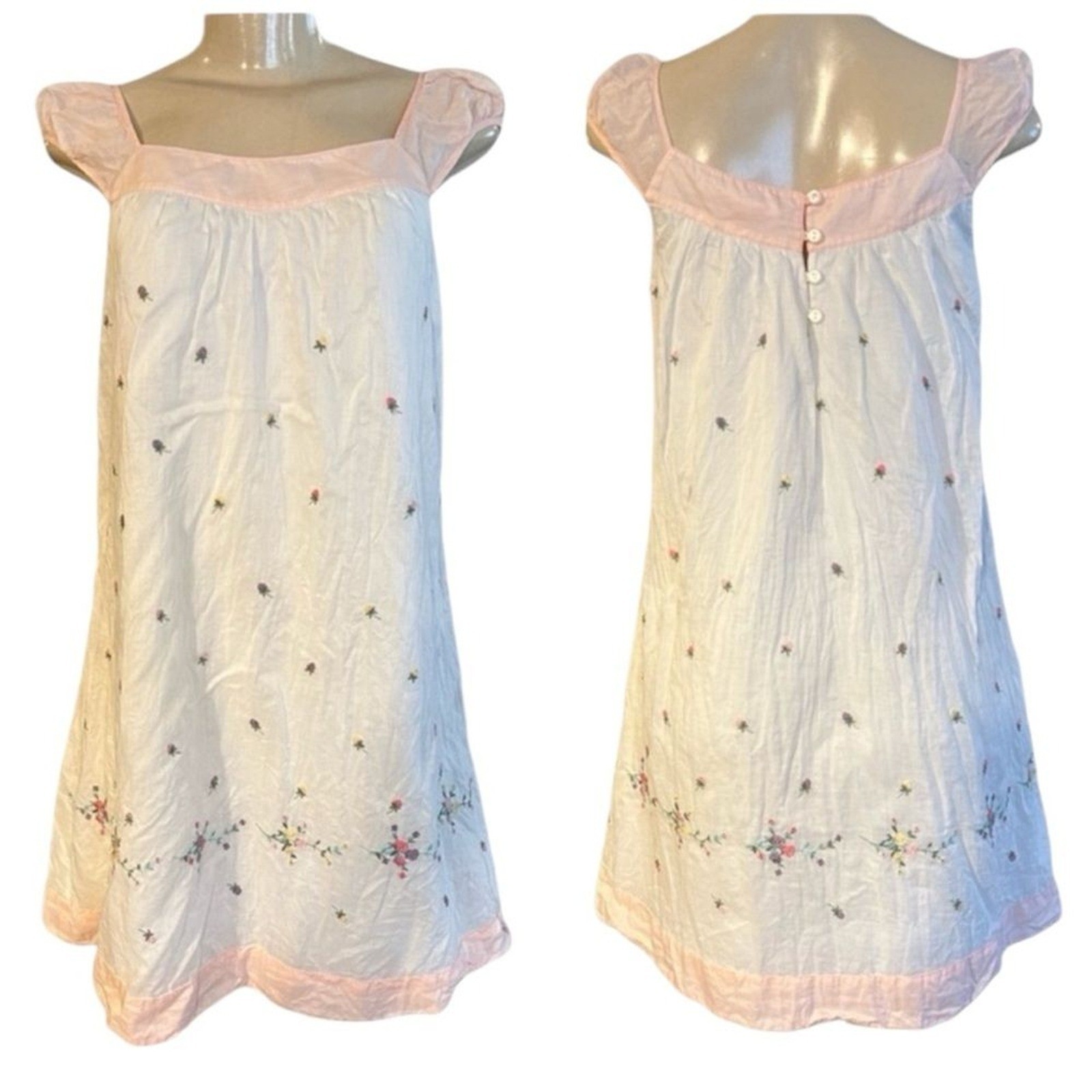 Vintage Betsey Johnson Cream Pink Floral Embroidered Cotton Babydoll Dress 4