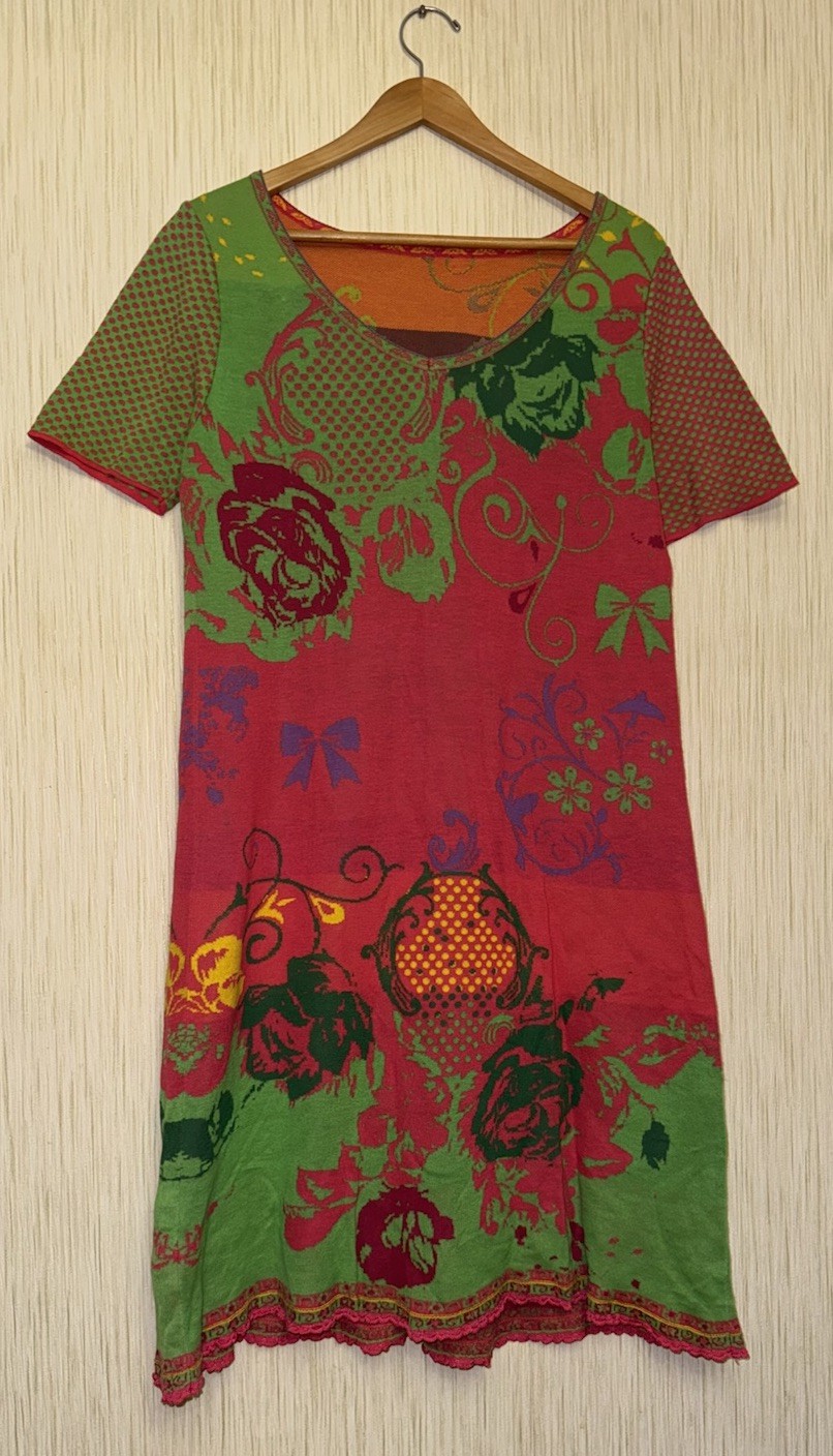 Ivko Woman Knit Cotton Dress Flower Pattern Folk Made In Serbia Vintage