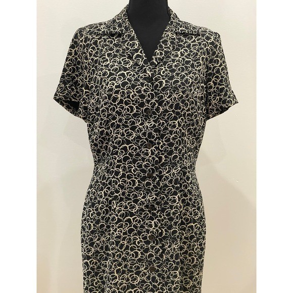 David Warren 8P Black/Beige Patterned Button Down with Shoulder Pads Knee Length