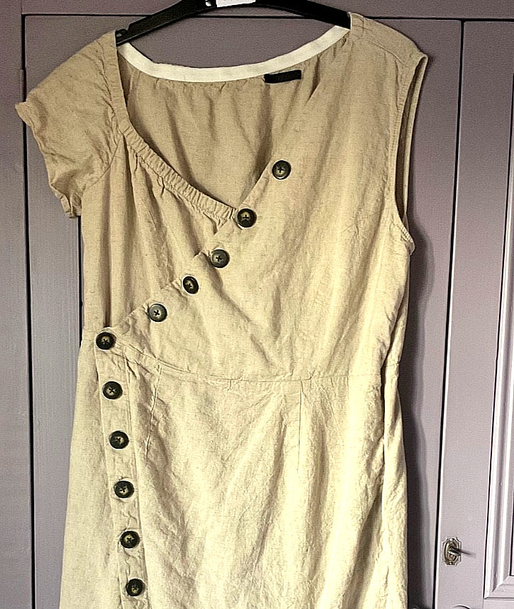 Ellos Size 14 / 16 Stone Wrap Look Button Trim Linen Viscose Blend DRESS Summer