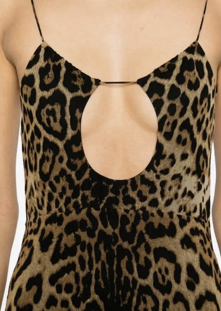Saint Laurent Paris Brown/Black Leopard Print Silk Chiffon Cut-Out Slip Midi 42