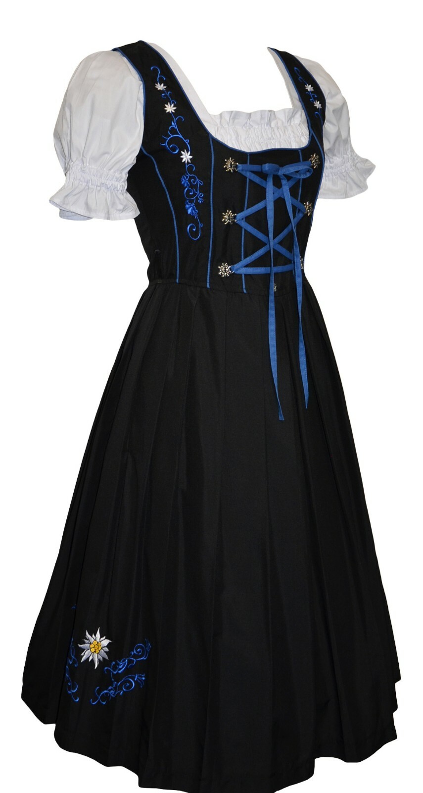 German Dirndl Long Blue Black Dress Oktoberfest 2XL 24 Waitress Party EMBROIDERY
