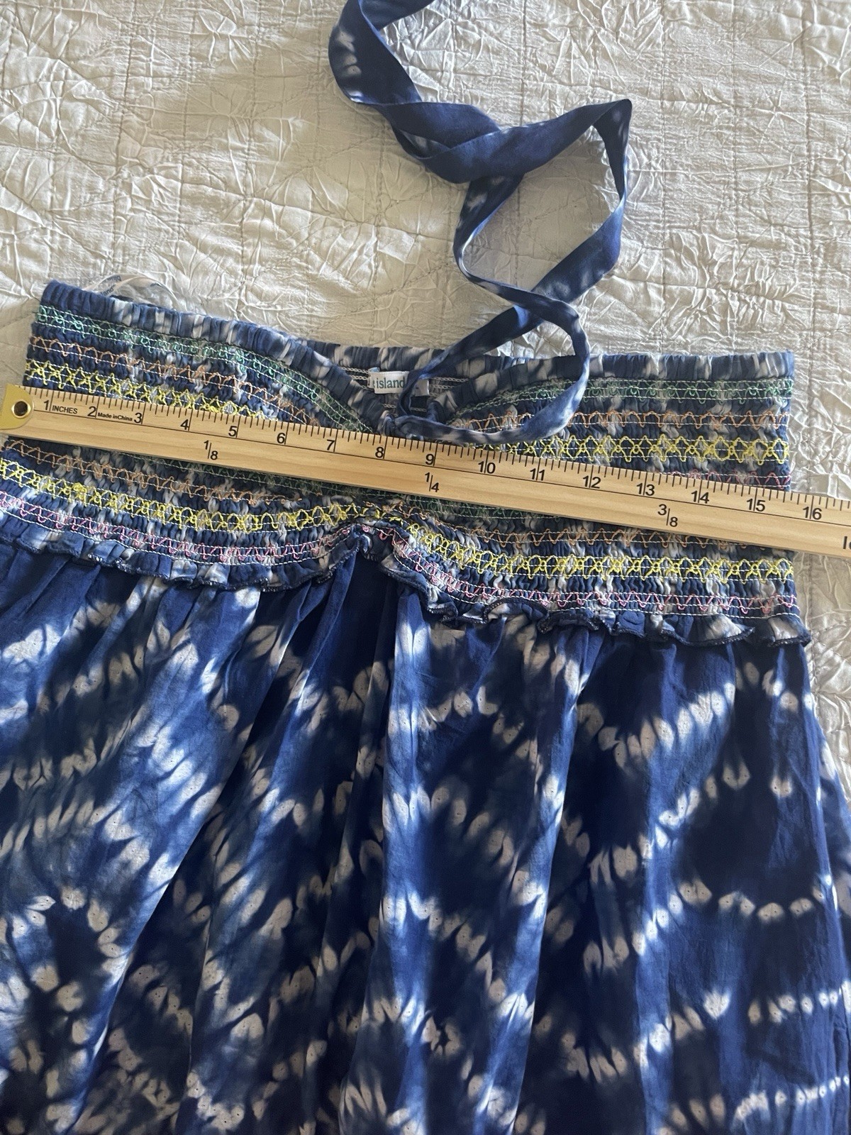 Blue Island One Size Blue/White Tie Dye Midi Sundress Smocked Beaded Fringe
