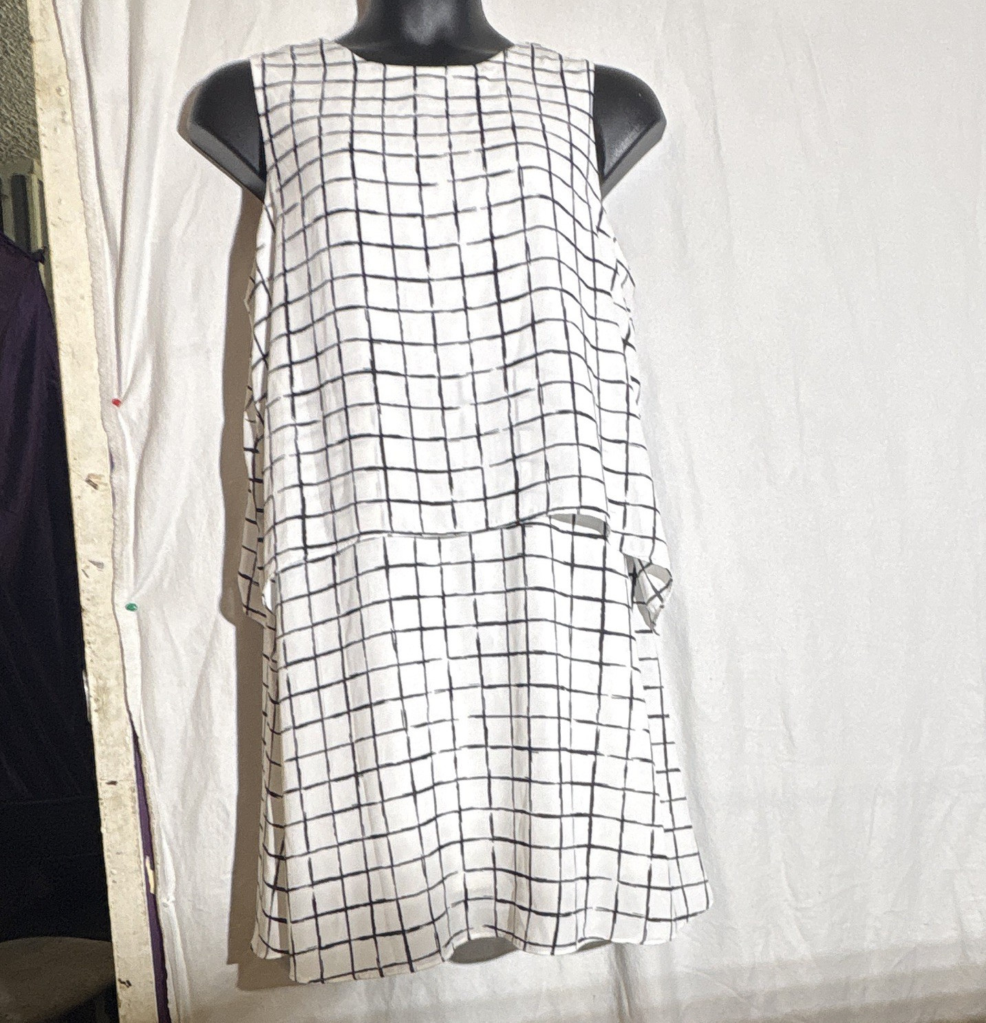 MASSINI XL White/Black Check Shift Dress Sleeveless Round Neck Lined Knee