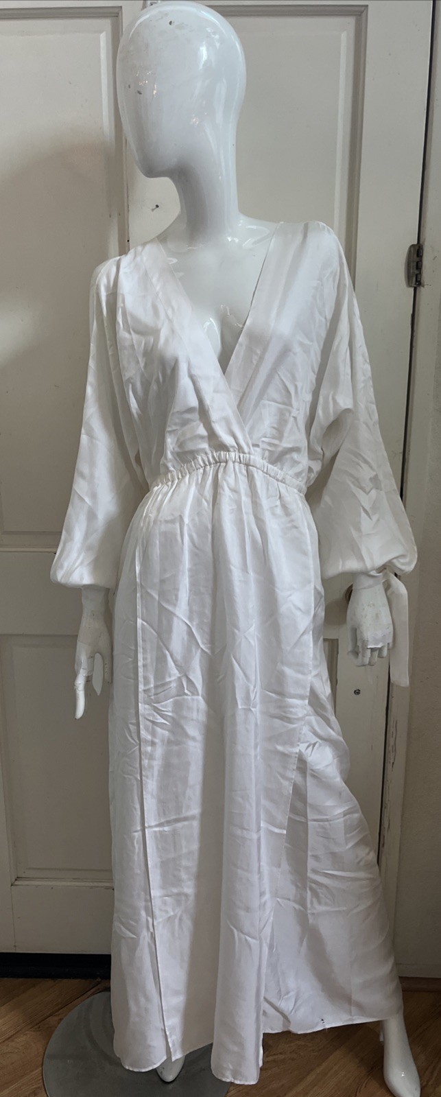 TUNICA STOLA NEW! White Flowy Silky Open/Tied Balloon Sleeve Maxi Dress O/S