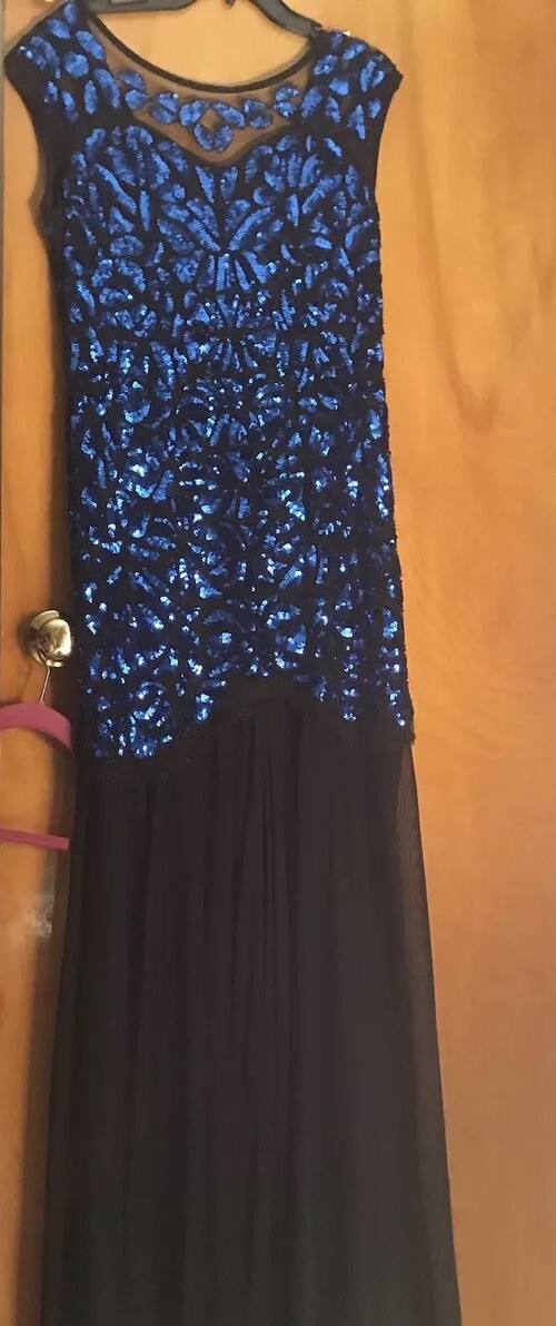 SZ L 1920s Blue Black Sequin Gatsby Maxi Long Evening Holiday Cocktail Gown