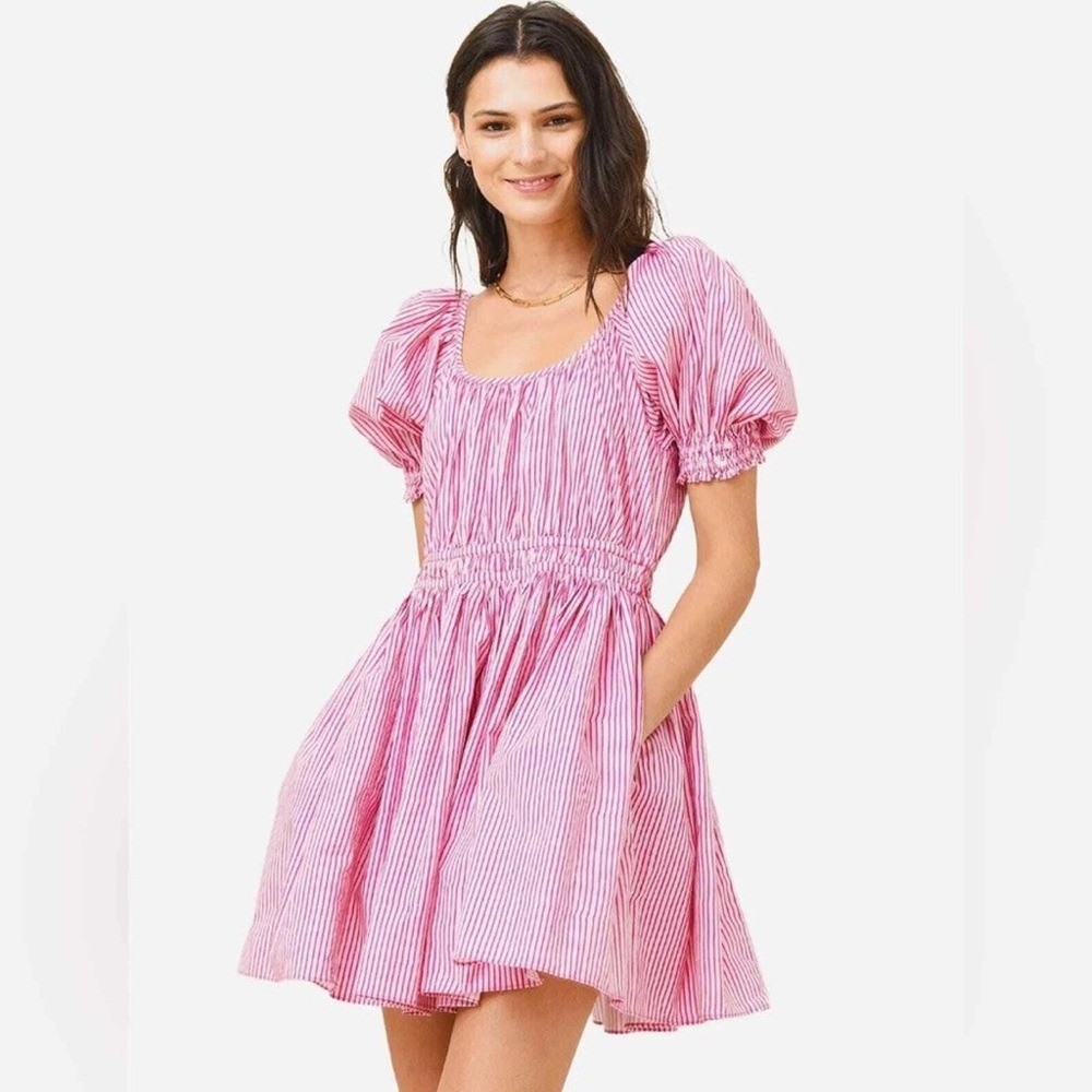 NWT RHODE Anika Pink Striped Dress Size Large Violet Mini Puff Sleeve Cotton