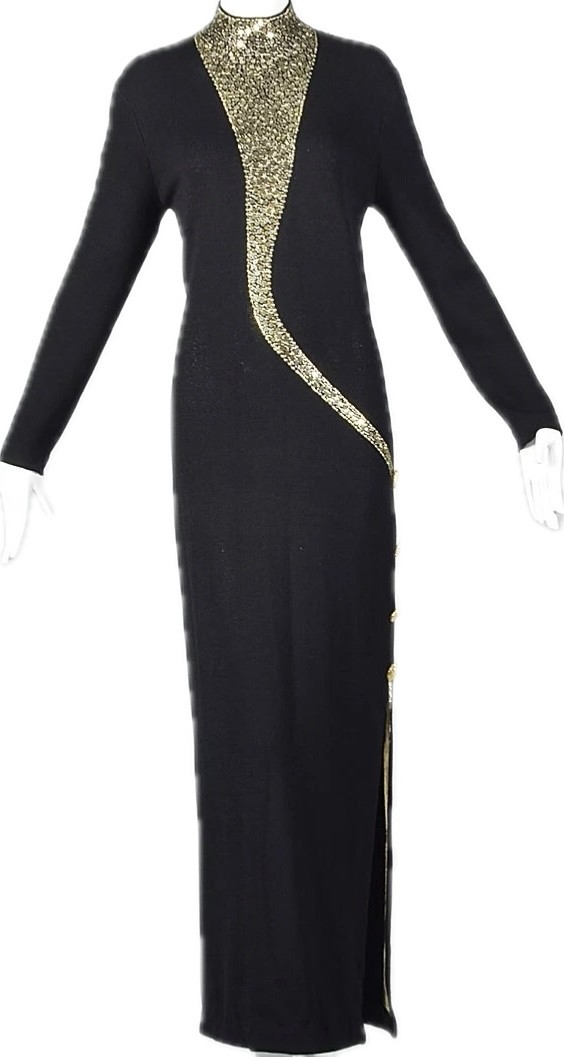 Vintage St. John by Marie Gray Santana Knit Maxi Dress Black Gold Beaded 10 M-L