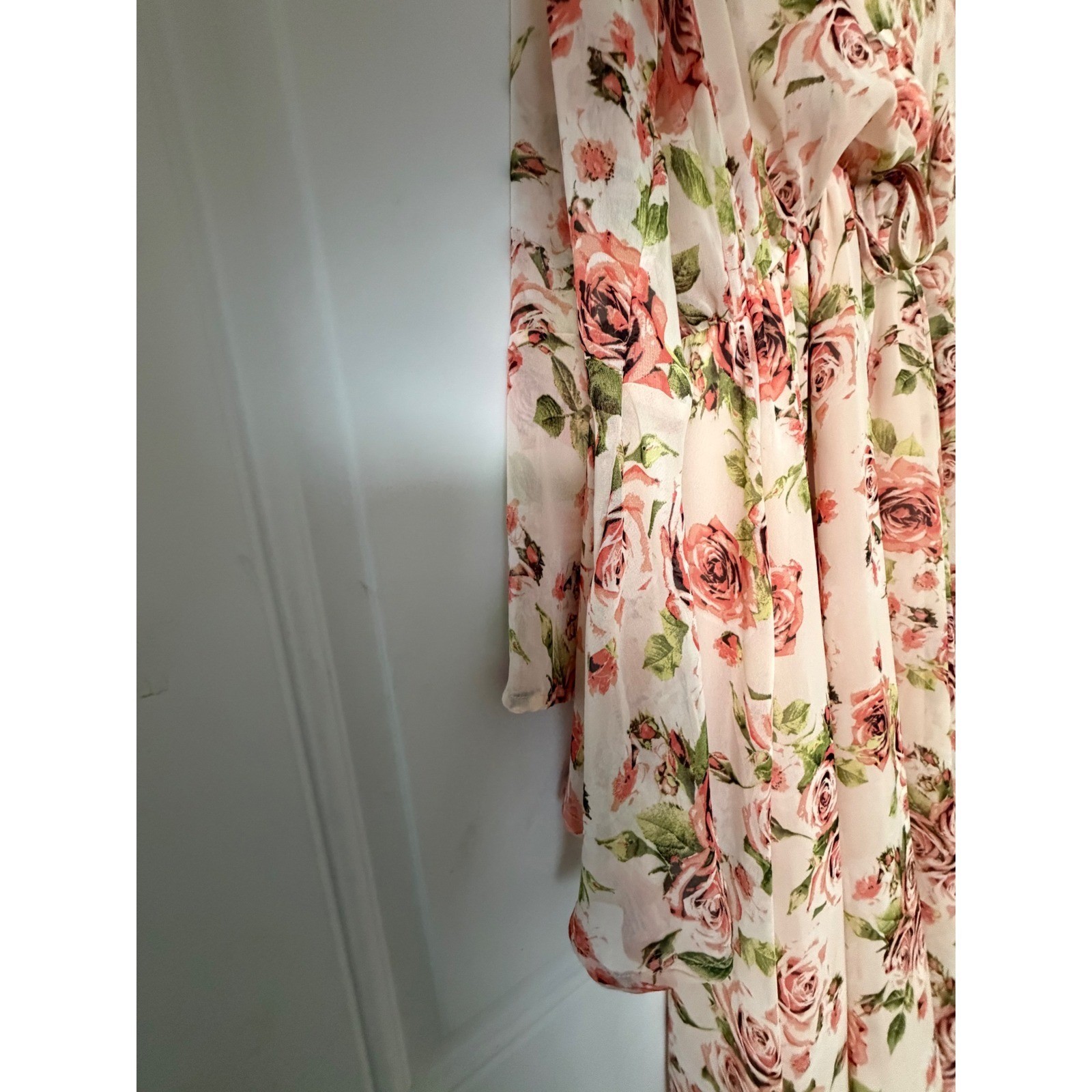 Maria Gabrielle Pink Rose Floral Chiffon MaxiDress BellSleeve HandkerchiefHem L