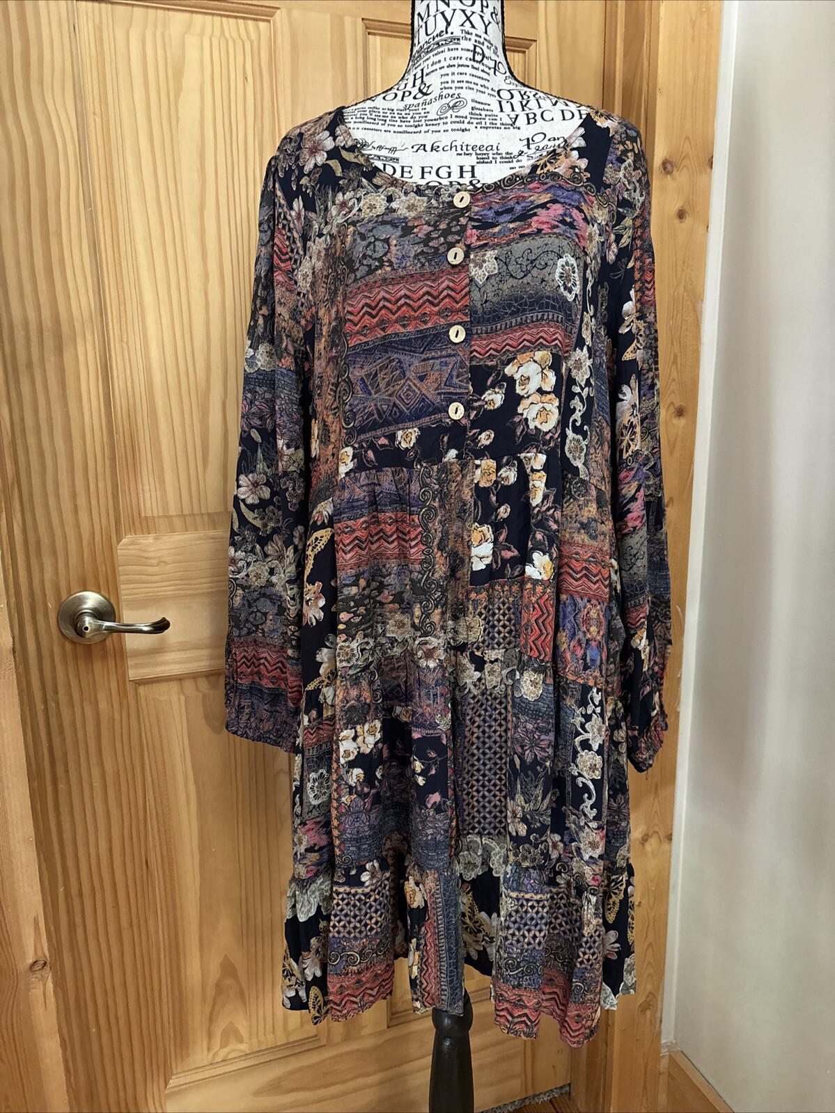 Papillon Patchwork Printed Dress Women’s XL Boho Artsy Blue Floral Style 15526