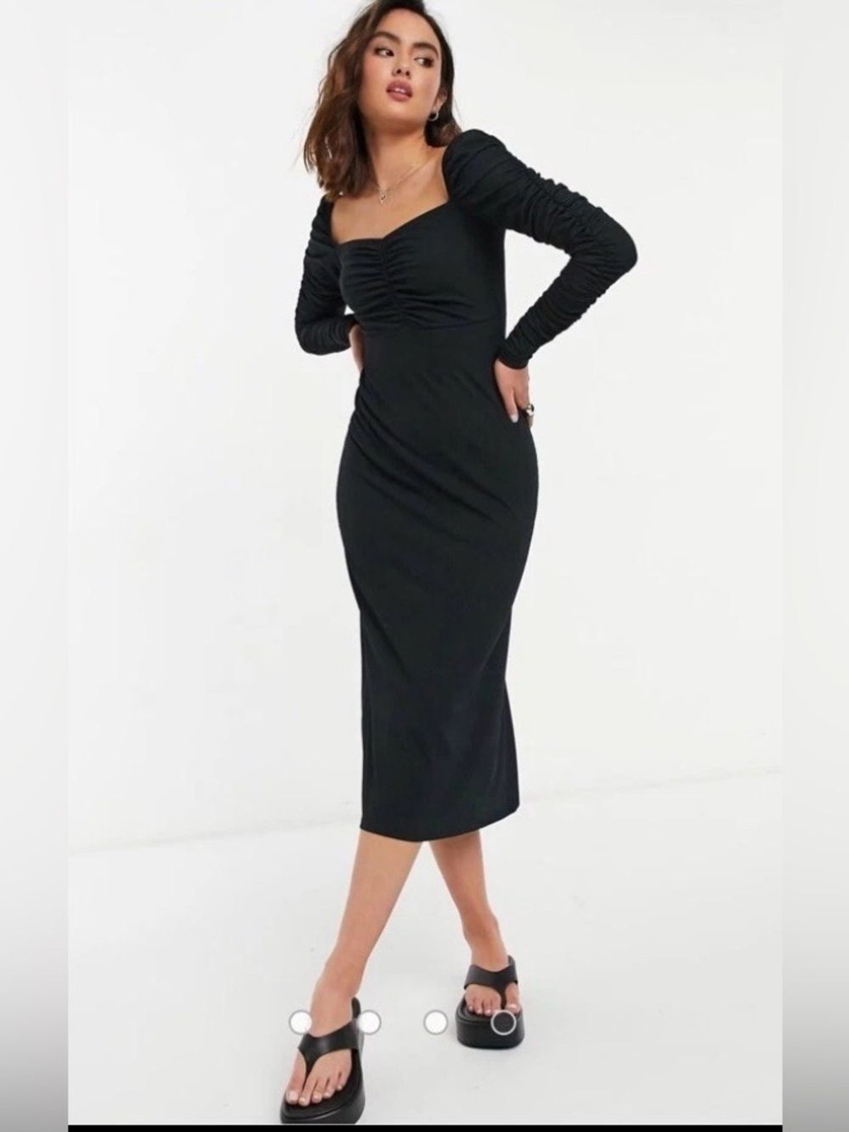 Topshop Black Ruched Sweetheart Midi Dress Puff Sleeve Bodycon US 6