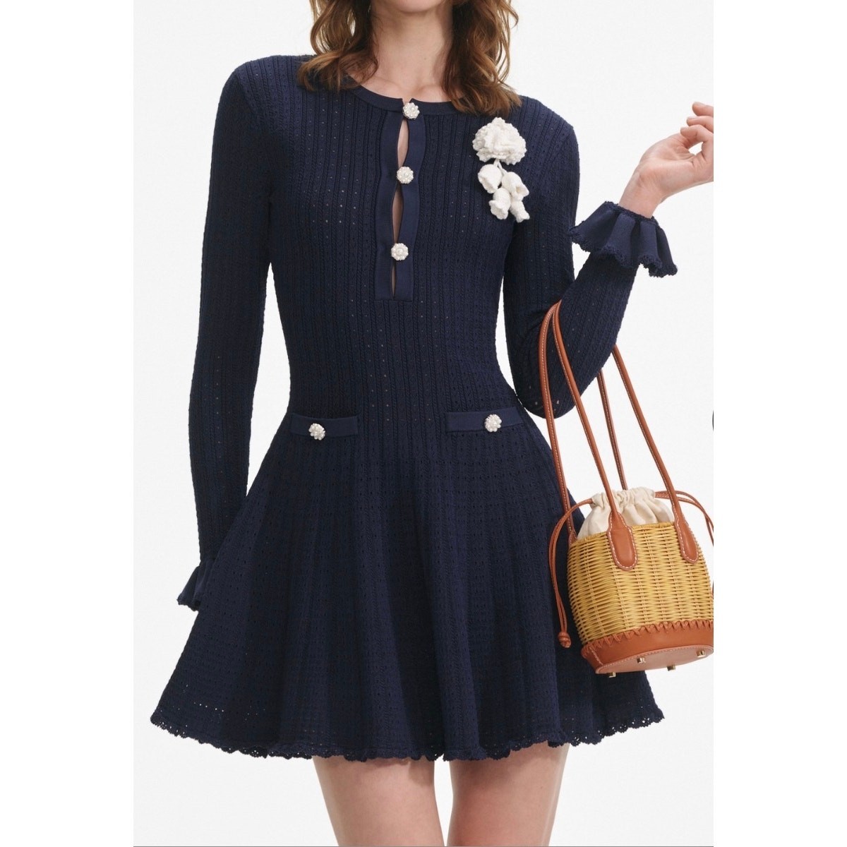 BNWT Navy Pointelle Knit Crochet Flower Mini Dress sz L from Harrod’s