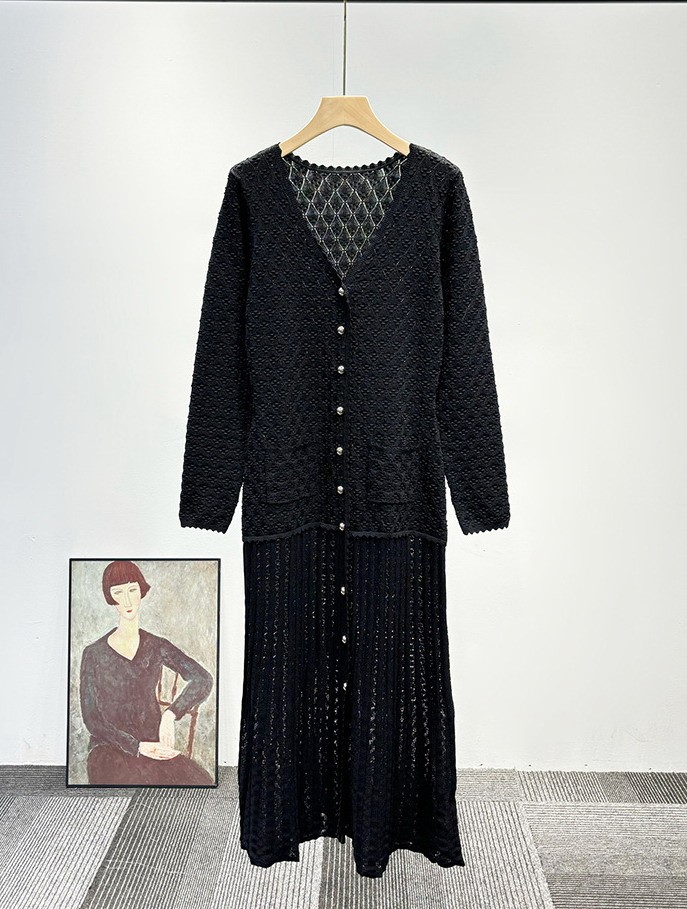 Women Sandro V-neck Embroidery Hook flower Hollowed-out Knitted Dresses