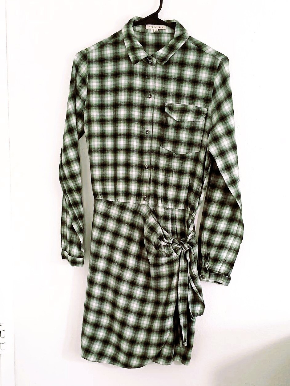 Copper Key Women’s Green White Plaid Side Tie Collared Shirt Dress Size Small