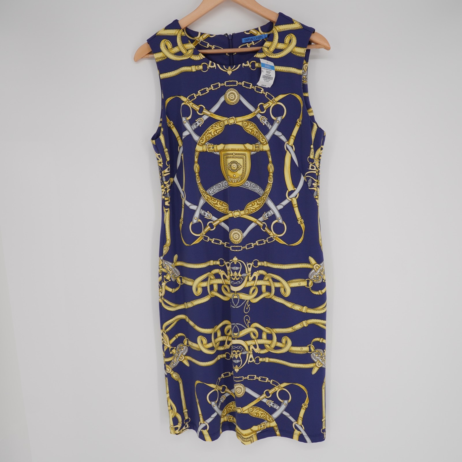 J McLaughlin Catalina Cloth Sofia Sheath Dress L Blue Chain Link Belt Print