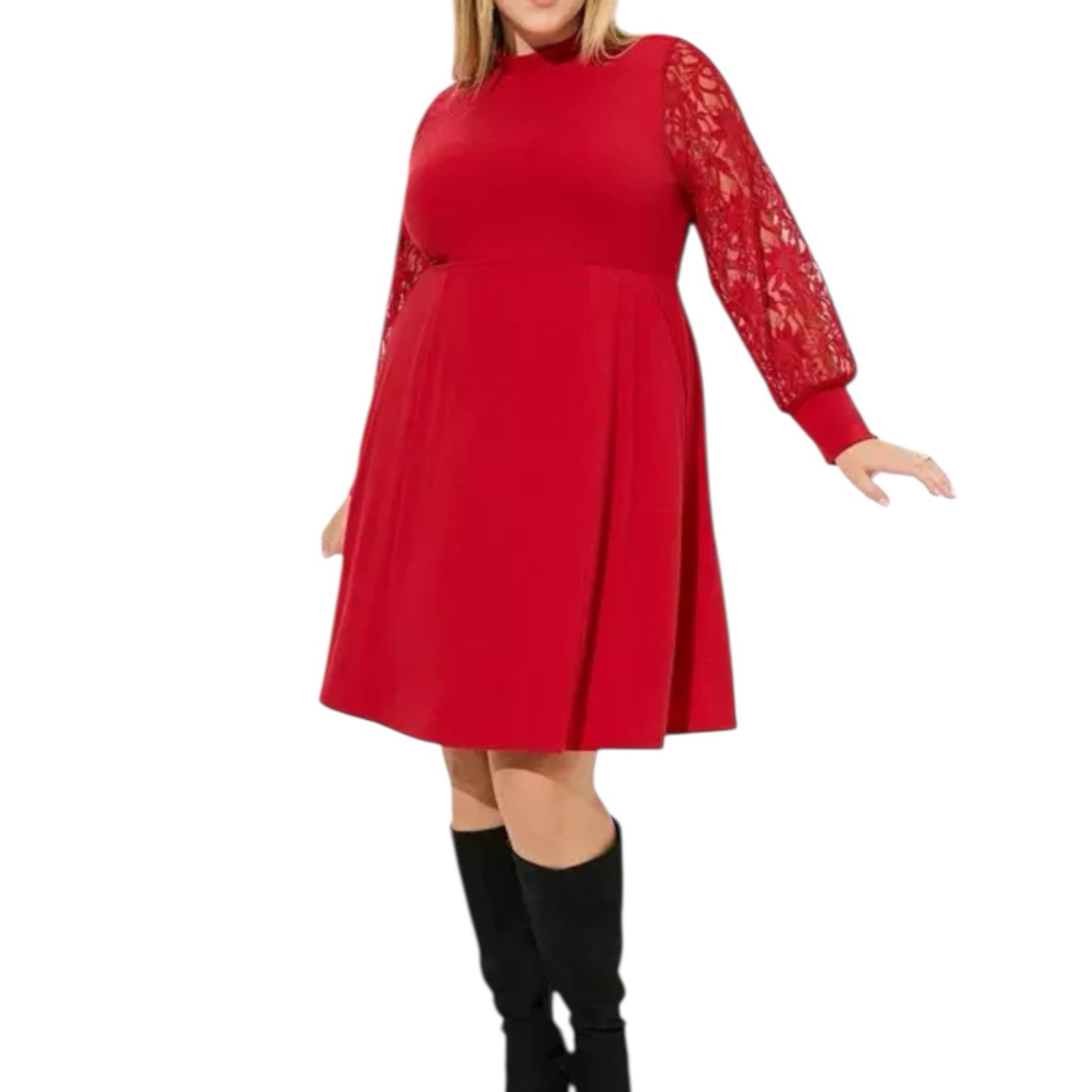 Torrid Red At The Knee Jersey Lace Sleeve Mock Neck Skater Dress Size 1X NEW