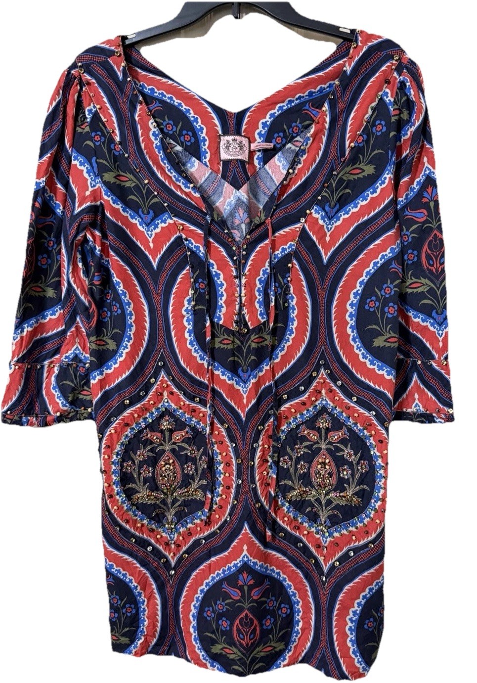 Juicy Couture 100% Silk Tunic Dress Women’s Size 10 Beaded Boho Medallion Print