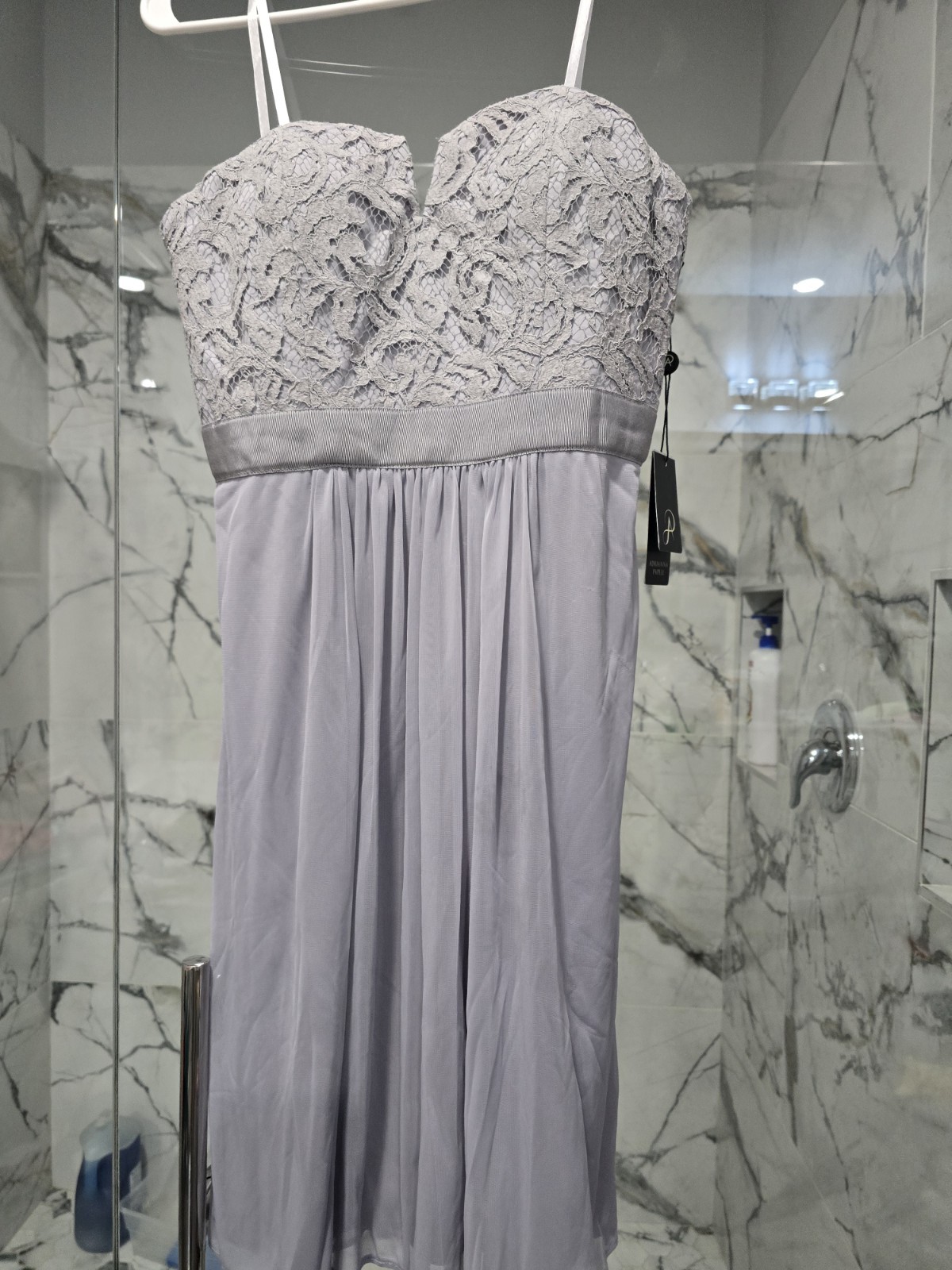 Adrianna Papell Gray Solid Sweetheart Spaghetti Strap Lace Maxi Chiffon M