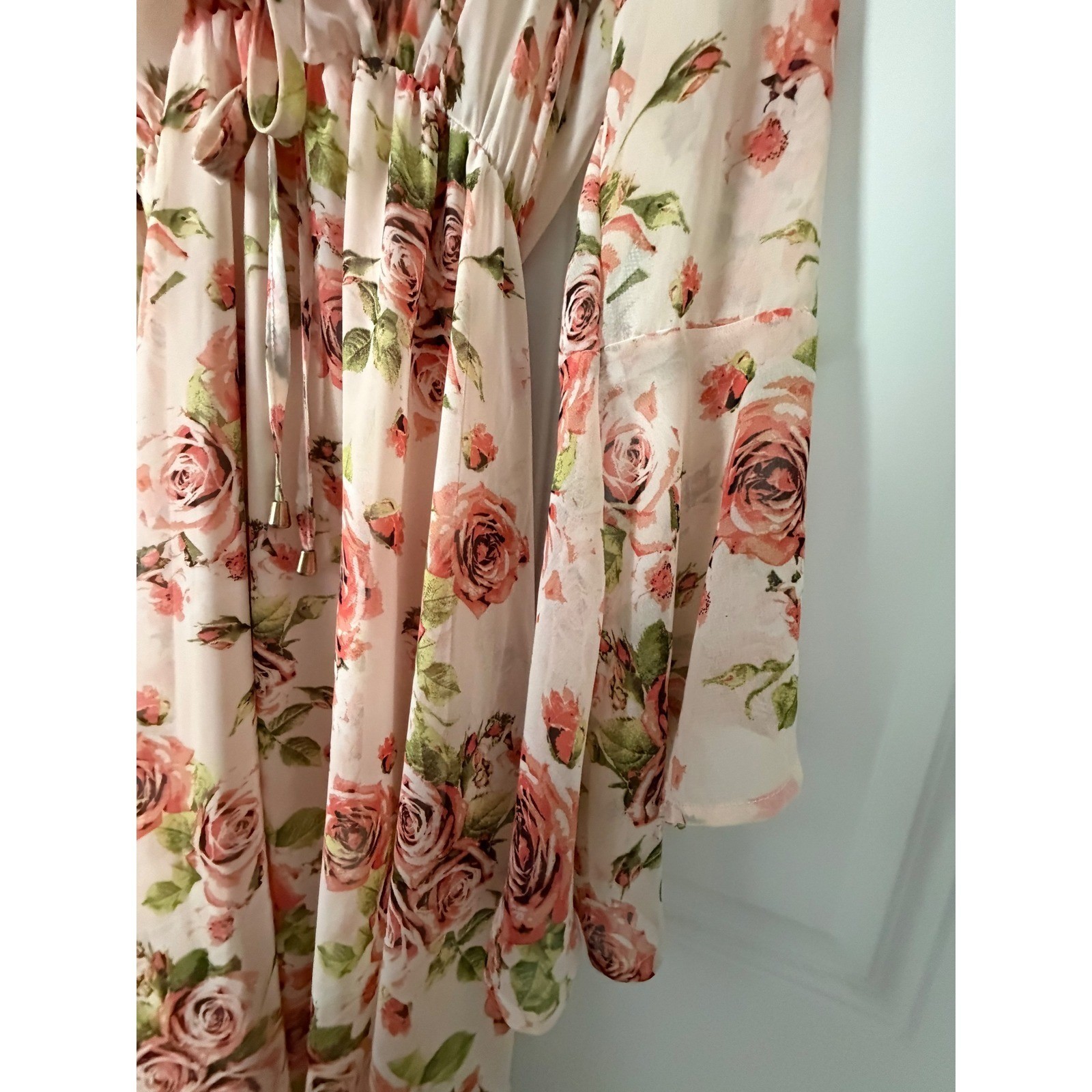 Maria Gabrielle Pink Rose Floral Chiffon MaxiDress BellSleeve HandkerchiefHem L