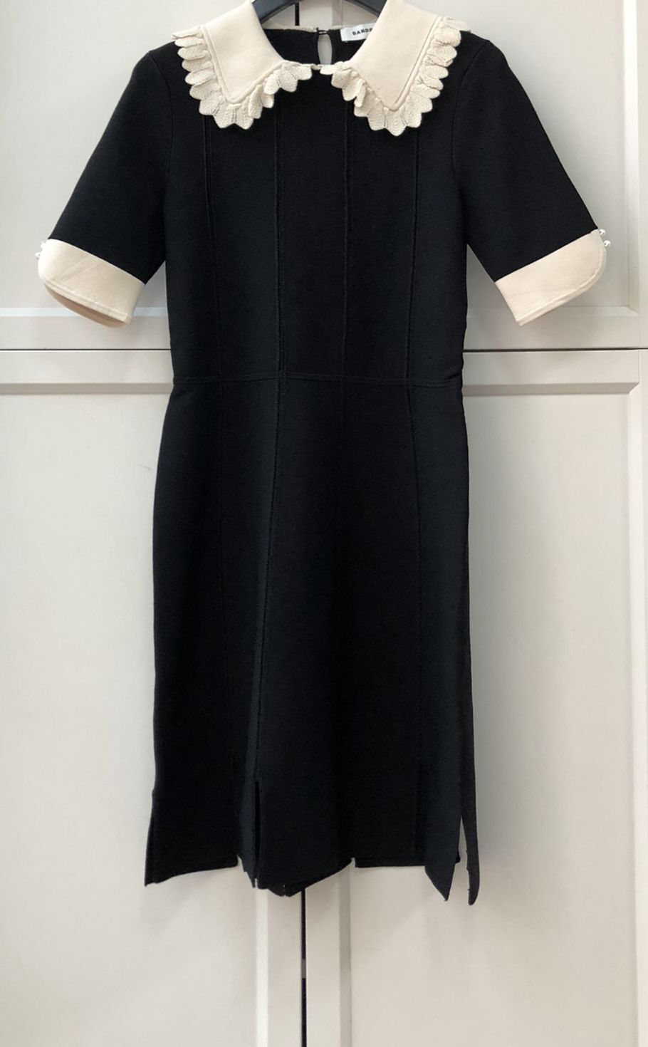 Sandro Lace Collared Pearl Embellished Sleeve Slit Hem Mini Dress