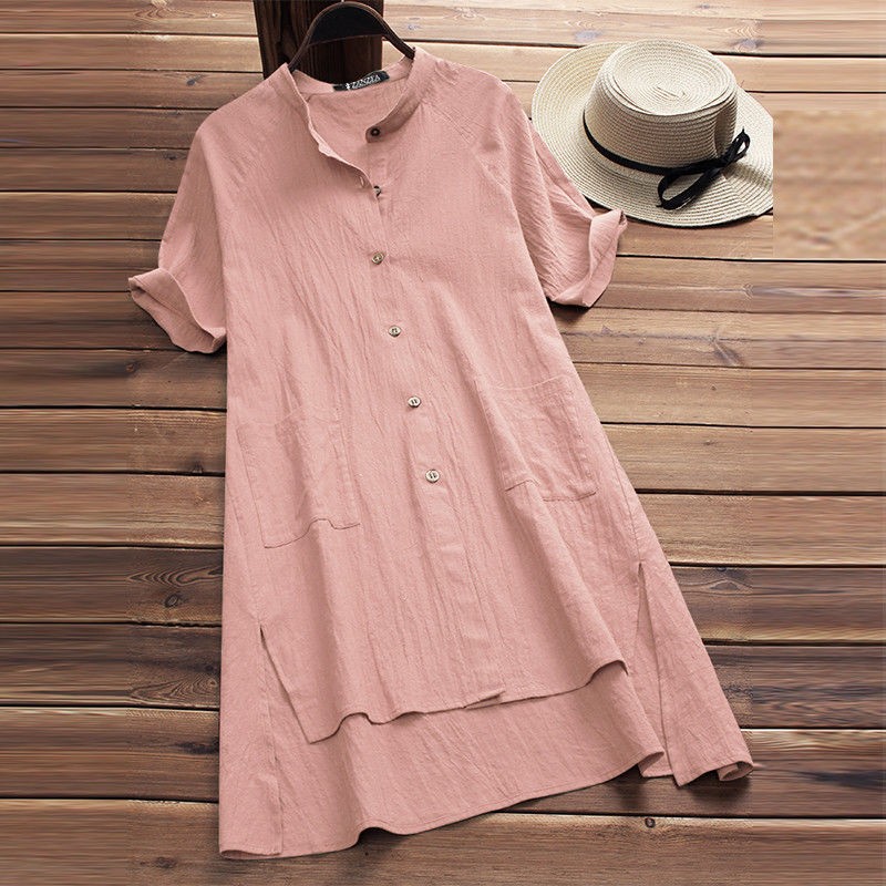 Casual Womens Raglan-sleeve Cotton-linen Top With Buttoned Pockets