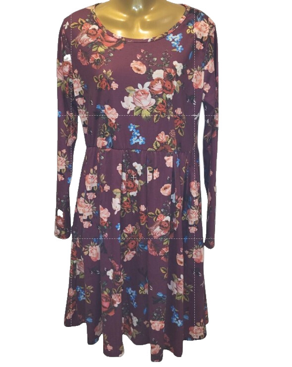 Bluetime Medium Red Floral Swing Dress Pullover Cotton Blend Stretch Waist BOHO