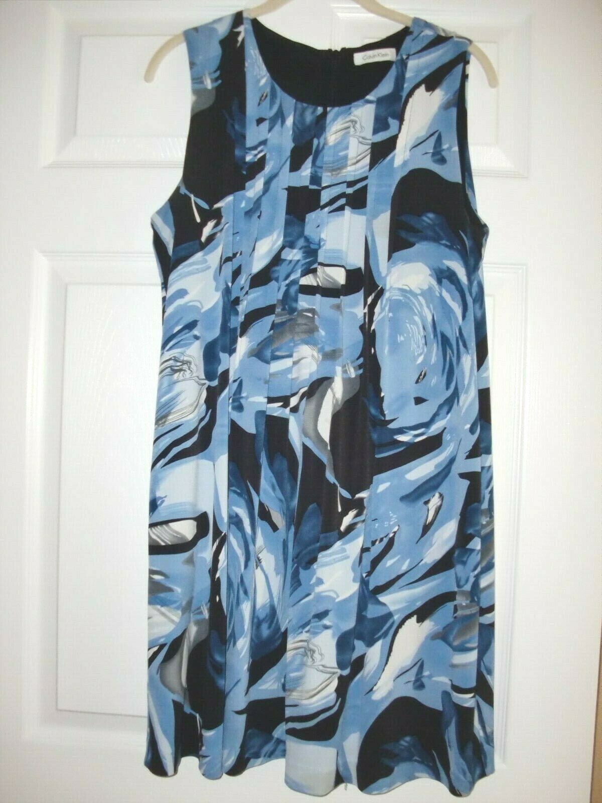 Women~CALVIN KLEIN~ABSTRACT~Sleeveless~Lined~Pockets Stretch Flowy Dress size L