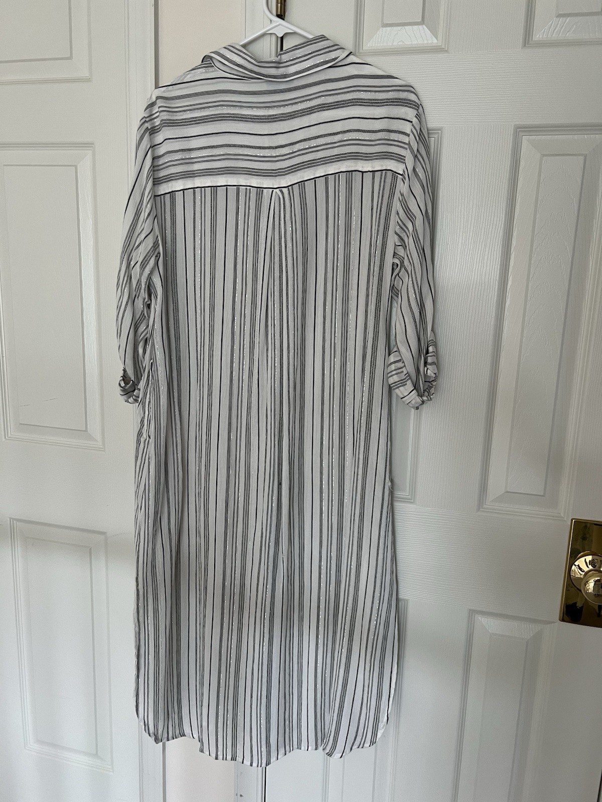 Blue Island with silvery black and White Striped Long Roll Tab Shirt Dress