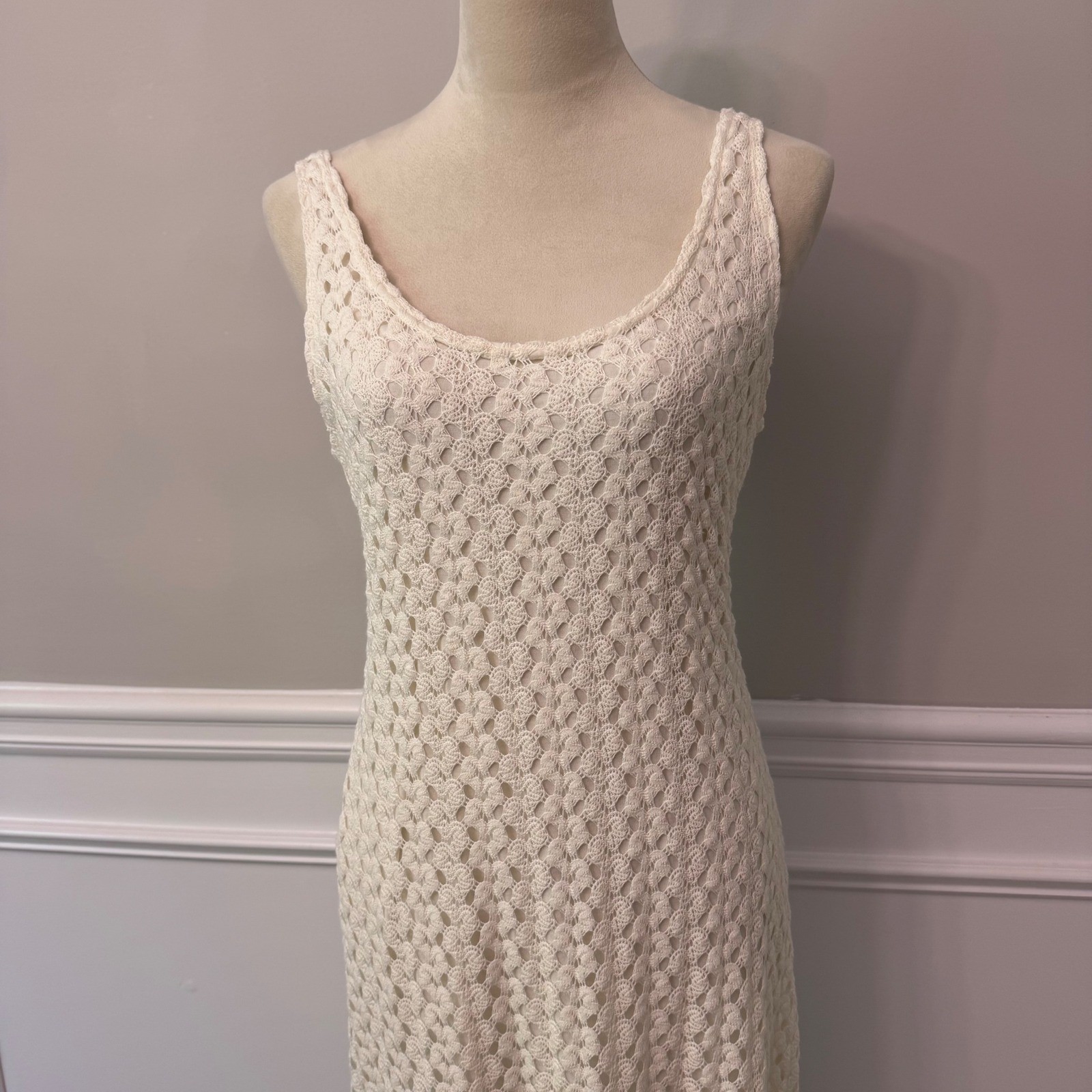 Y2K Cream Crochet Cottagecore Maxi Earthy Boho Sleeveless Scoop Neck L
