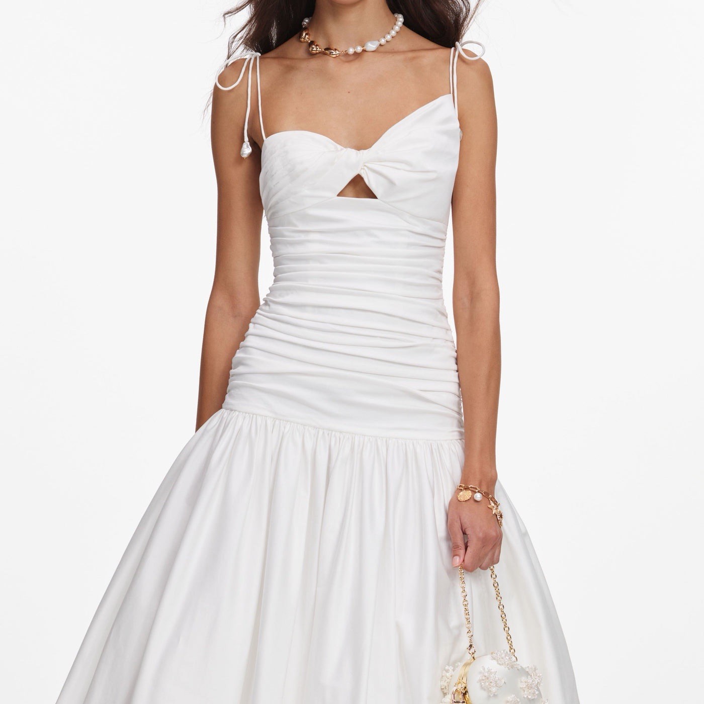 Self Portrait WHITE COTTON GATHERED MIDI DRESS