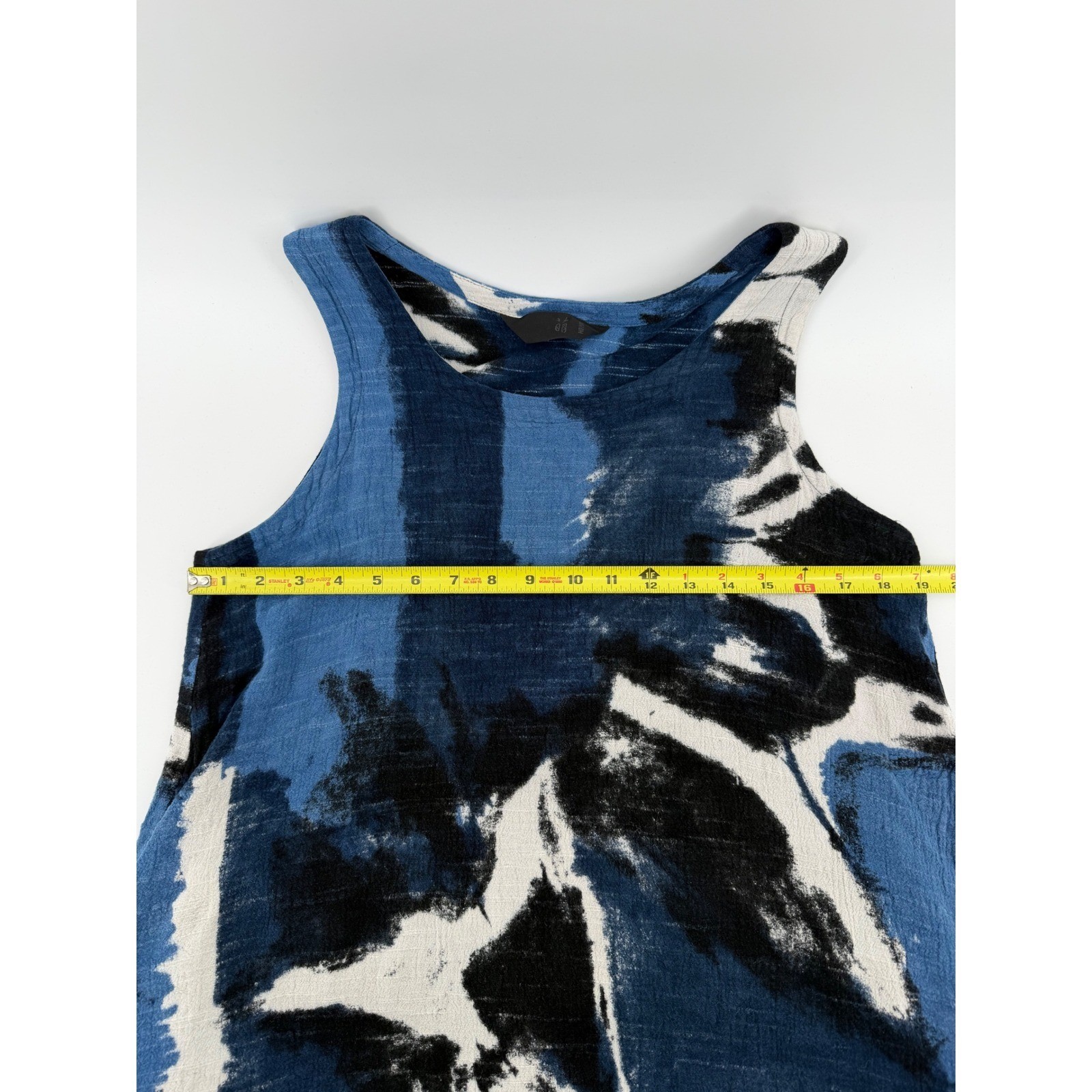 Moyuru Dress Medium Blue Black Abstract Print Sleeveless Lagenlook Artsy Pockets