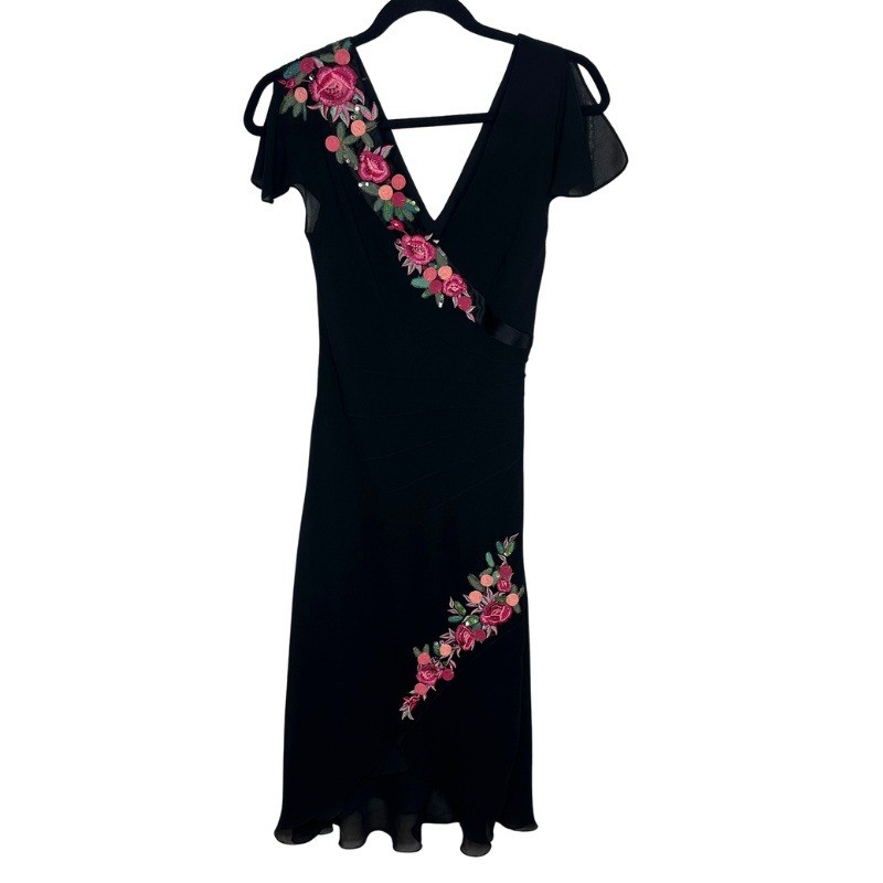 Vintage Karen Millen Black Silk Floral Embroidered Beaded Midi Dress US 4 DV033