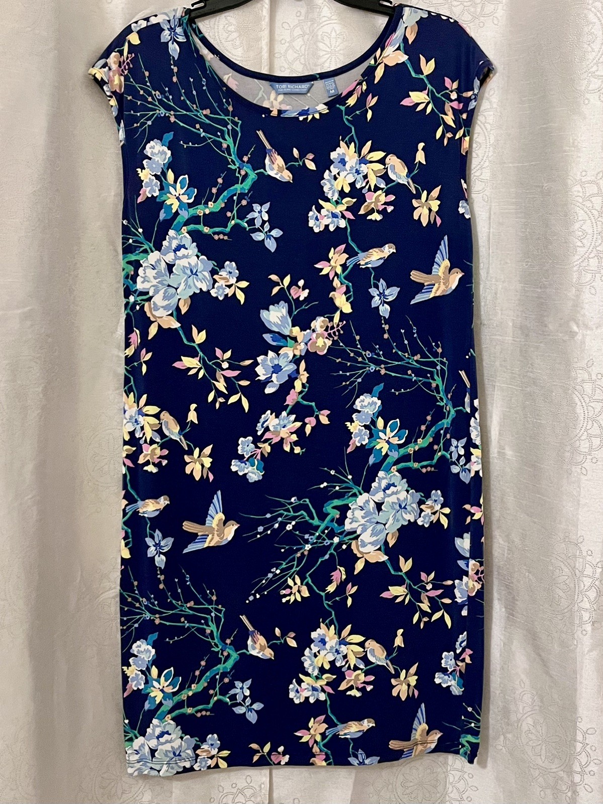 Tori Richard Women’s Indigo Navy Floral Bird Print Cap Sleeve Shift Dress Medium