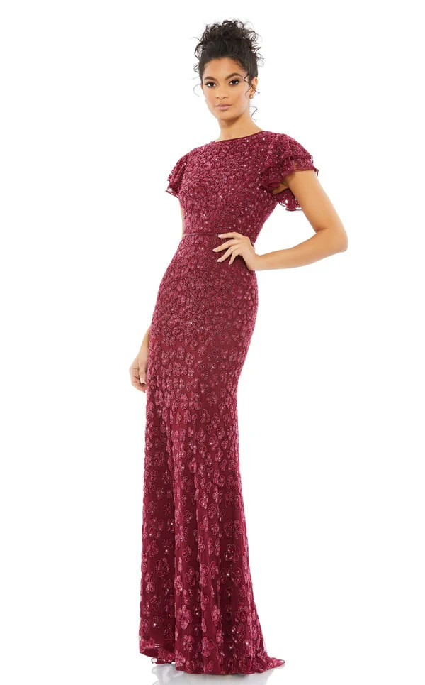 Mac Duggal Raspberry Red Floral Sequin Cap Sleeve Mesh Gown Size 18 $598