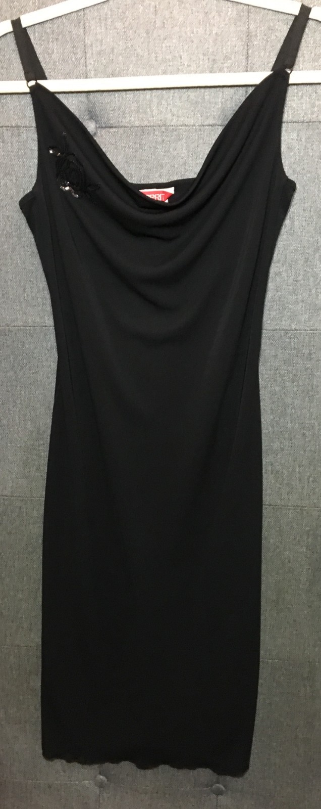 ESPRIT Black Slip Dress (SMALL) Vintage Y2K Stretch Elastic Straps Sequin Flower