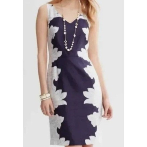Banana Republic Sheath Dress Womens 2P Navy White Paisley Rayon Linen Sleeveless
