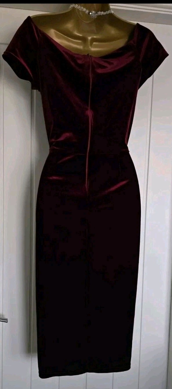 Vintage 1940s 1950s Style Stretch Wine Velvet Pencil Party Dress Size 10 12