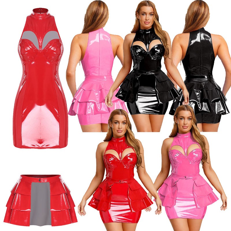 US Womens Leather Cut Out Mini Dress with Tiered Ruffled Open Front Skirt Club