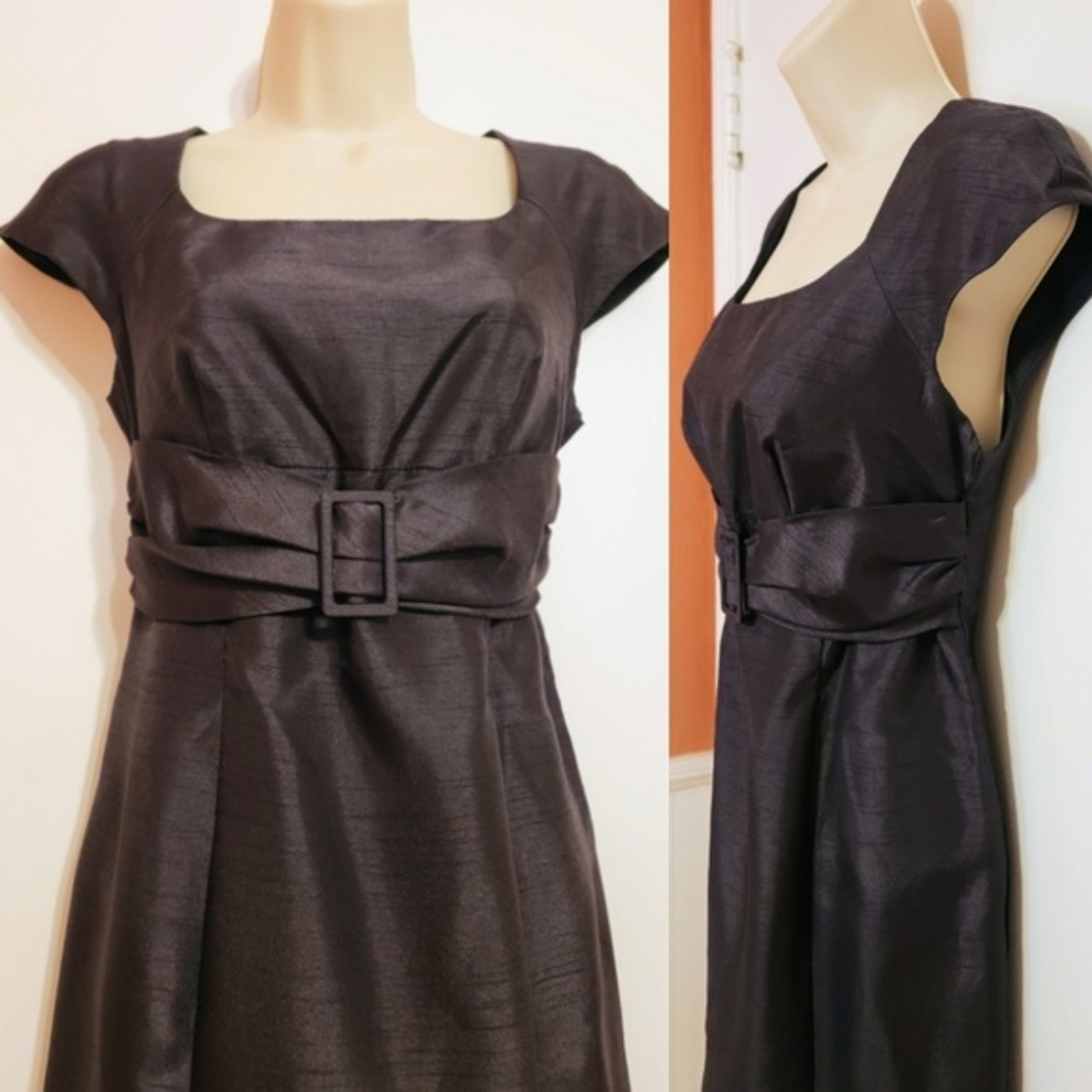 Madison Leigh Petite | Elegant Belted Tailored Cocktail Pencil Dress Grey 4 P