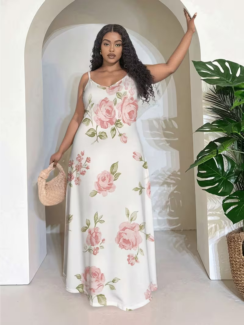 Elegant Plus Size Pink Rose Print Maxi Dress with Pockets
