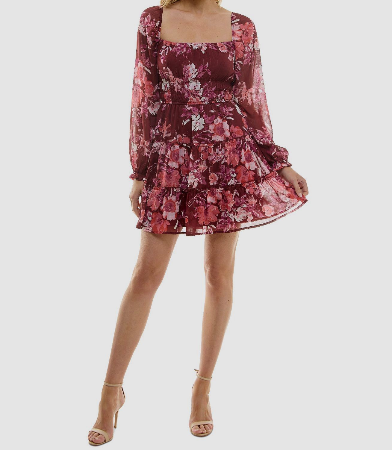 Trixxi Women’s Juniors’ Red Floral Print Blouson-Sleeve Fit & Flare Dress Size M