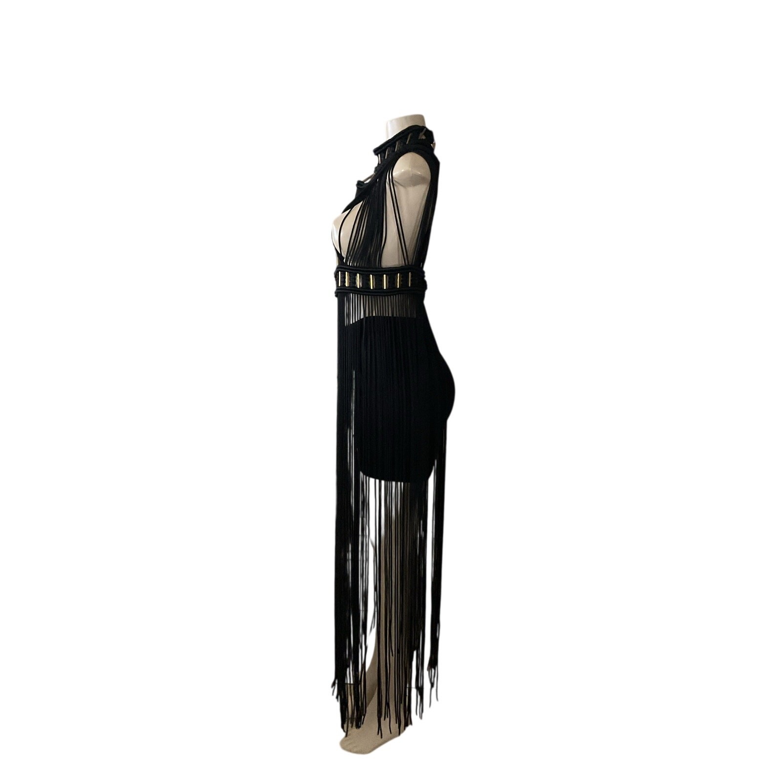 Mexican Handmade Black Fringe Macrame Dress Boho Festival Statement Piece