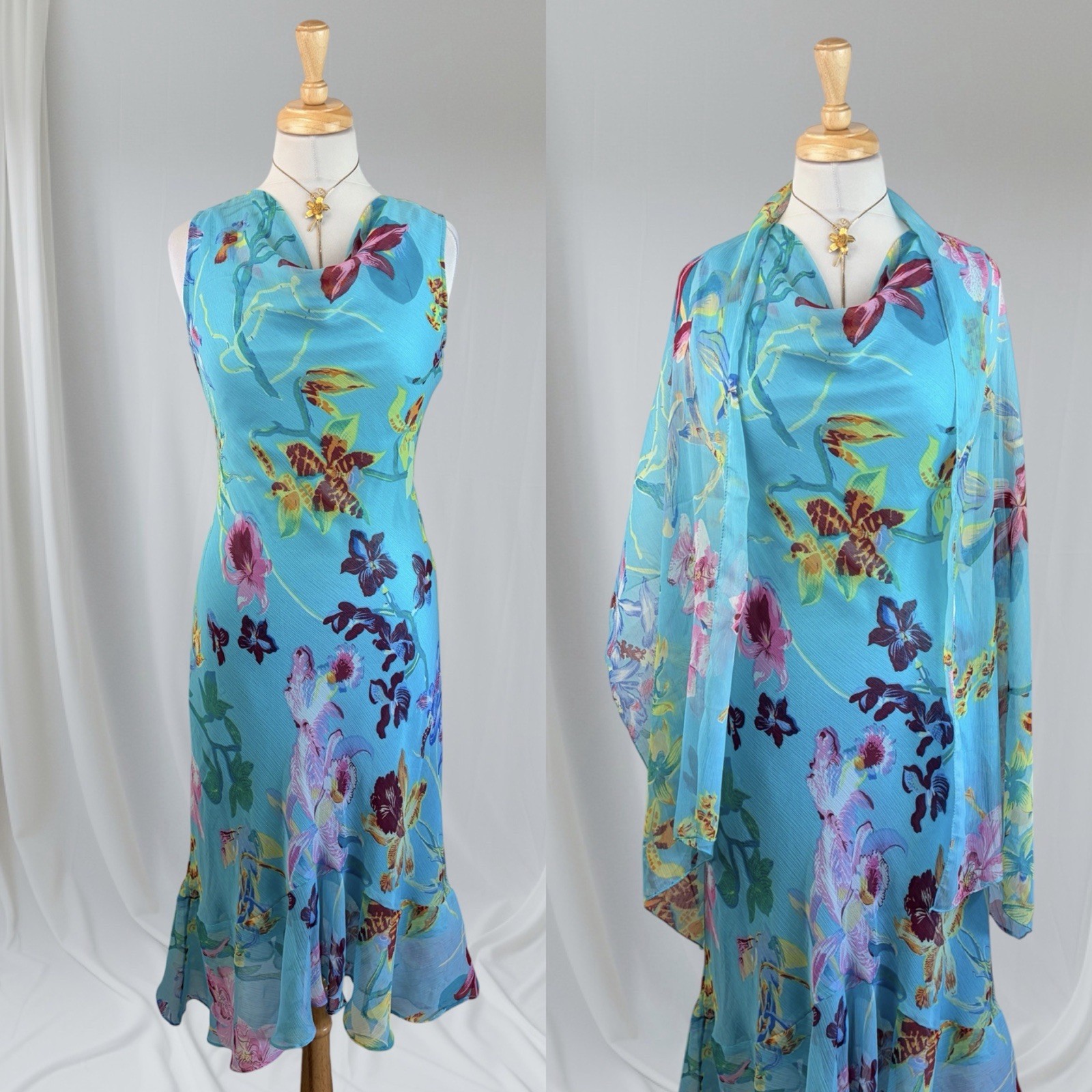 Y2K Blue Flower Chiffon Slip Dress Whimsy Fairycore Beach Summer Wedding 90s M