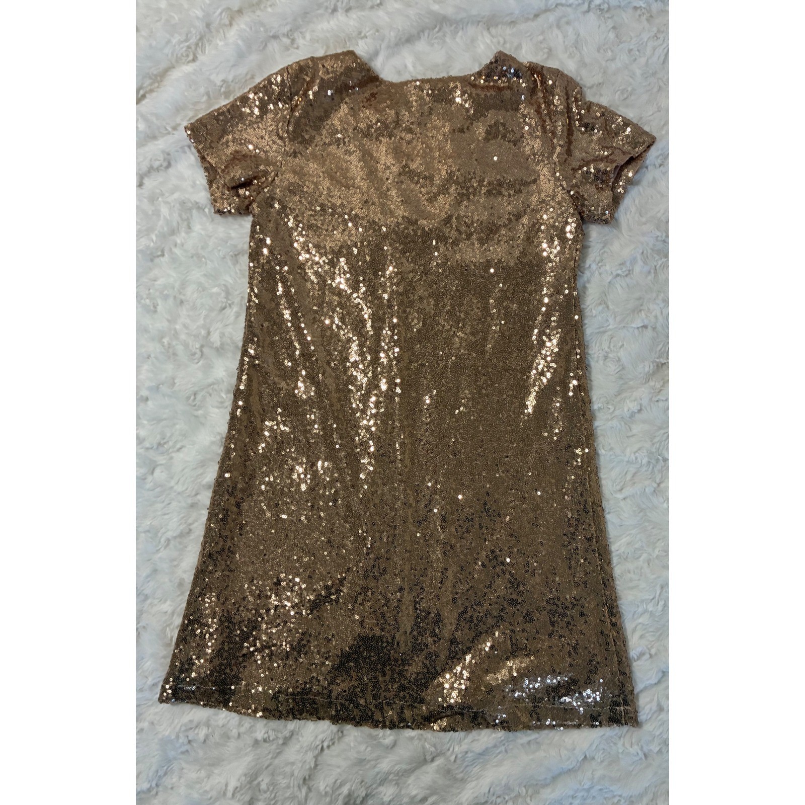 Lulus Rose Gold Sequin V-Neck Short Sleeve Shift Mini Dress 66192 Womens XS